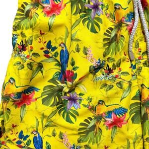 MAAR Hawaiian Floral Parrot Print Swim Trunks Shorts in Bright Yellow SZ S